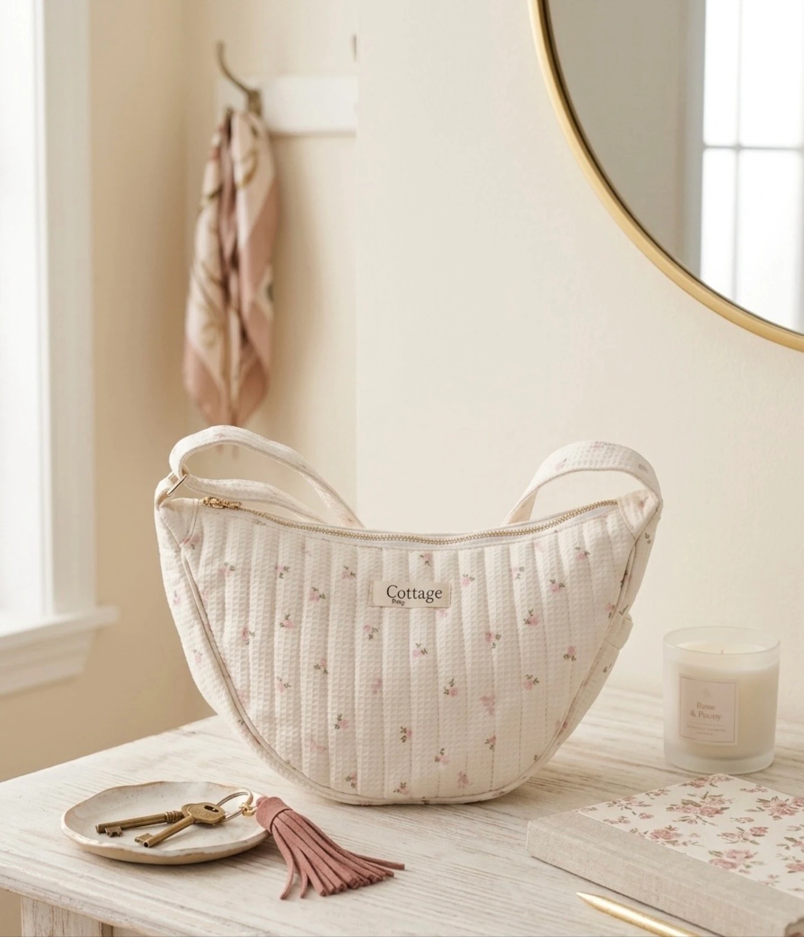 Sac Lune 100% Coton Matelassé Collection Cottage & Bag / Modèle Petites Fleurs Rose